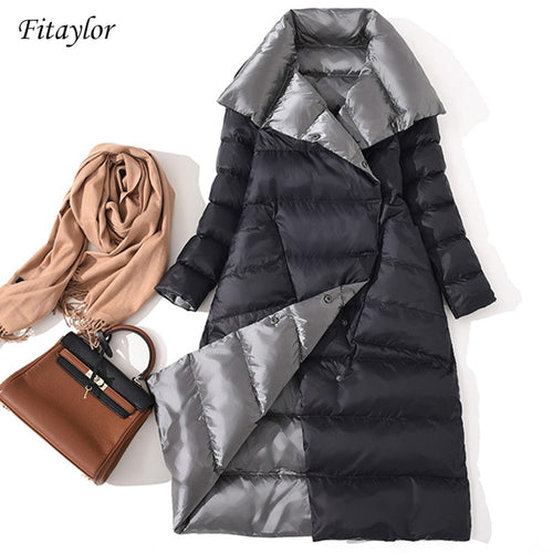 Fitaylor  Women Double Sided Down Long Jacket Winter Turtleneck White Duck Down Coat Double Breasted Warm Parkas Snow Outwear